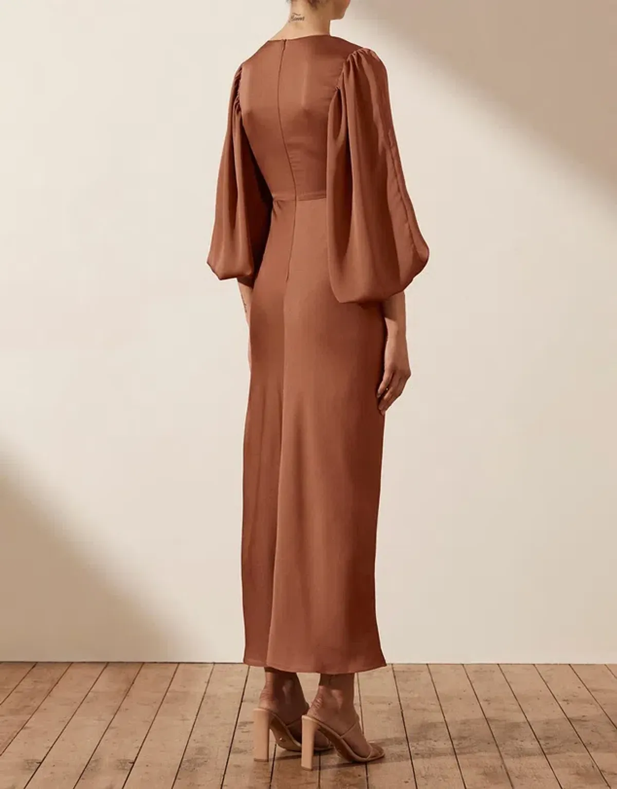 Shona Joy Luxe Twist Front Balloon Sleeve Midi Dress Mocha Size 10 - Image 5