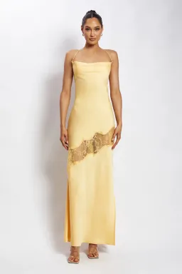 Meshki Chandra Lace Detail Satin Maxi Dress Lemon Size 14 for rent on The Volte - image 1