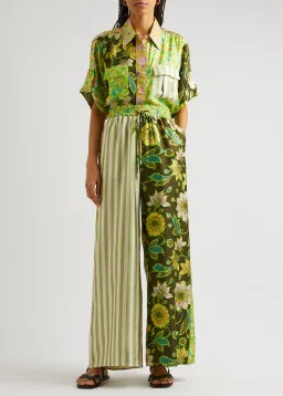 Alemais Winnie Patchwork Spliced Silk Shirt and Pant Set Green Floral Size AU 10 for rent on The Volte - image 1