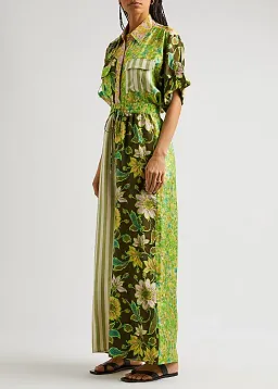Alemais Winnie Patchwork Spliced Silk Shirt and Pant Set Green Floral Size AU 10 for rent on The Volte - image 2