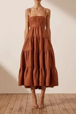 Shona Joy Elsa Tiered Midi Dress Brown Size AU 10 for rent on The Volte - image 1
