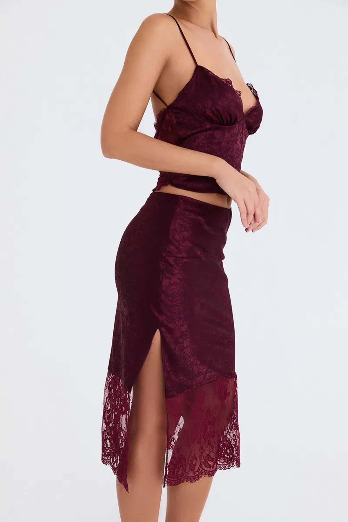 House of CB Mistress Rocks Mulberry Satin And Lace Top and Midi Skirt Burgundy Size S / AU 8 - Image 2