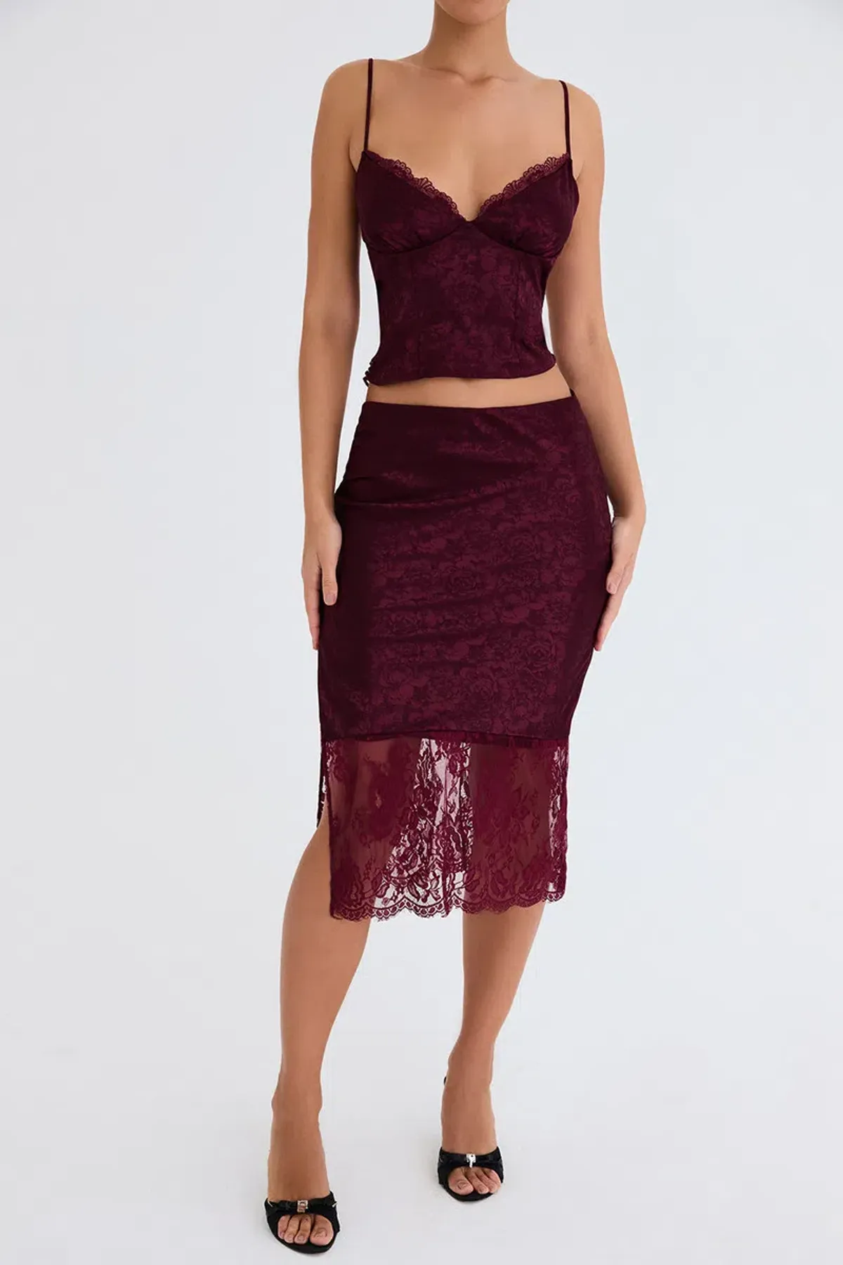 House of CB Mistress Rocks Mulberry Satin And Lace Top and Midi Skirt Burgundy Size S / AU 8 - Image 1