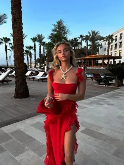House Of Cb Ariela Red Ruffle Backless Dress Cherry In Size S/Au 8 for rent on The Volte - image 1