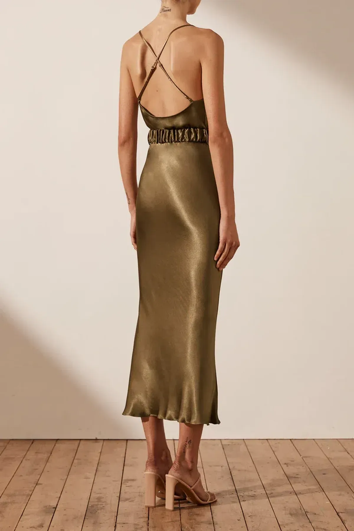 Shona Joy Gala Bias Midi Dress w/ Belt Warm Olive Size 8 - Image 3