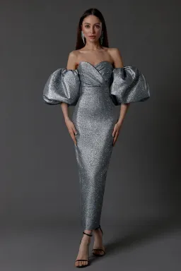 LN Family Midi Dress with Puff Sleeves Silver Size 6  for rent on The Volte - image 3