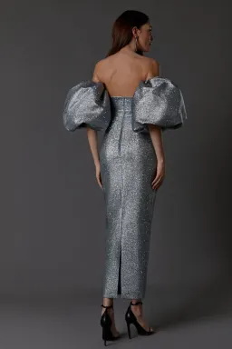 LN Family Midi Dress with Puff Sleeves Silver Size 6  for rent on The Volte - image 5