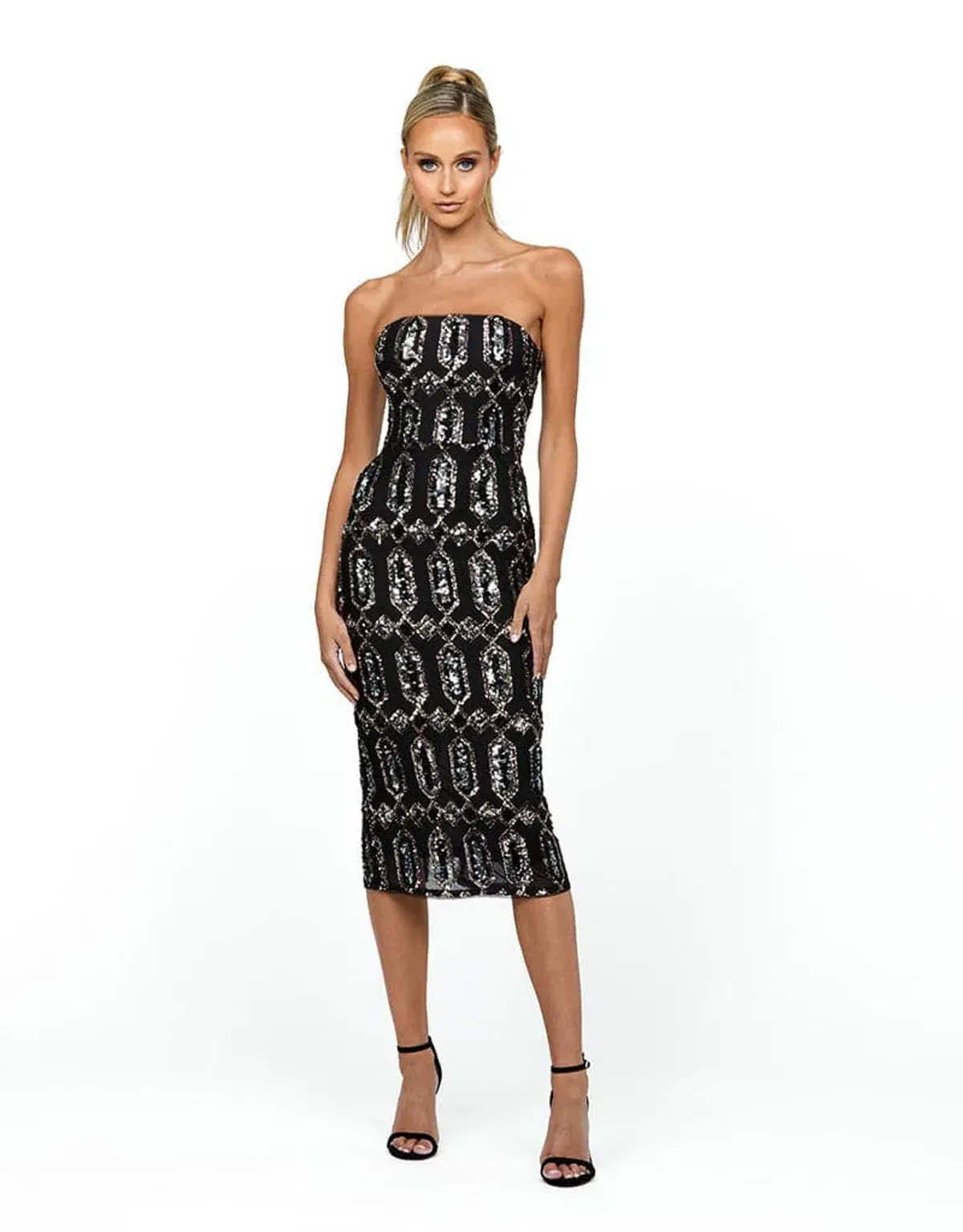 Bariano Blanca Strapless Midi Dress Black Multi Size AU 8 - Image 1