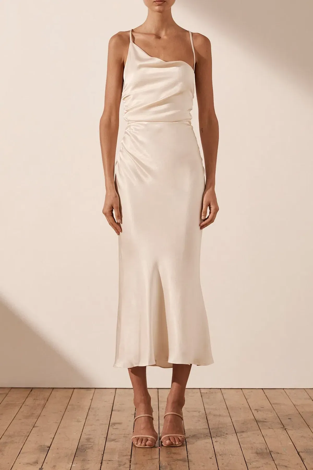 Shona Joy La Lune Asymmetrical Bias Cowl Midi Dress in Cream Size 14 - Image 1