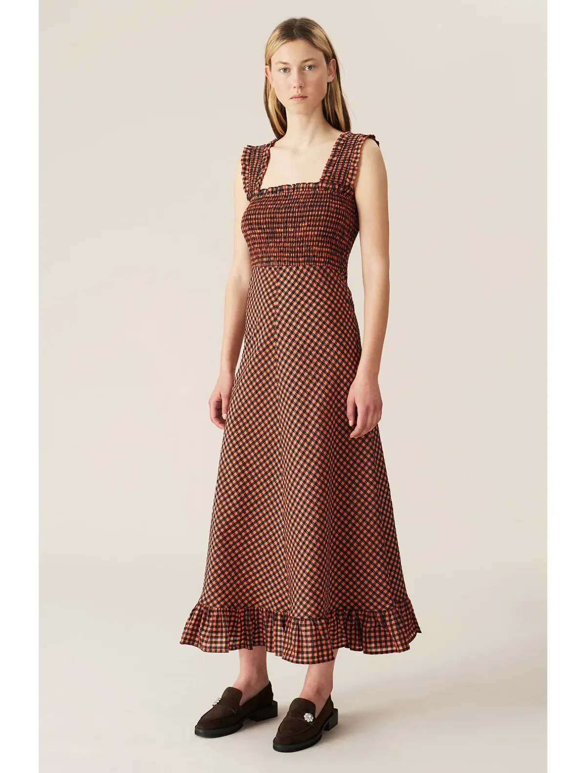 Ganni Seersucker Check Maxi Dress Print Size 6 - Image 1