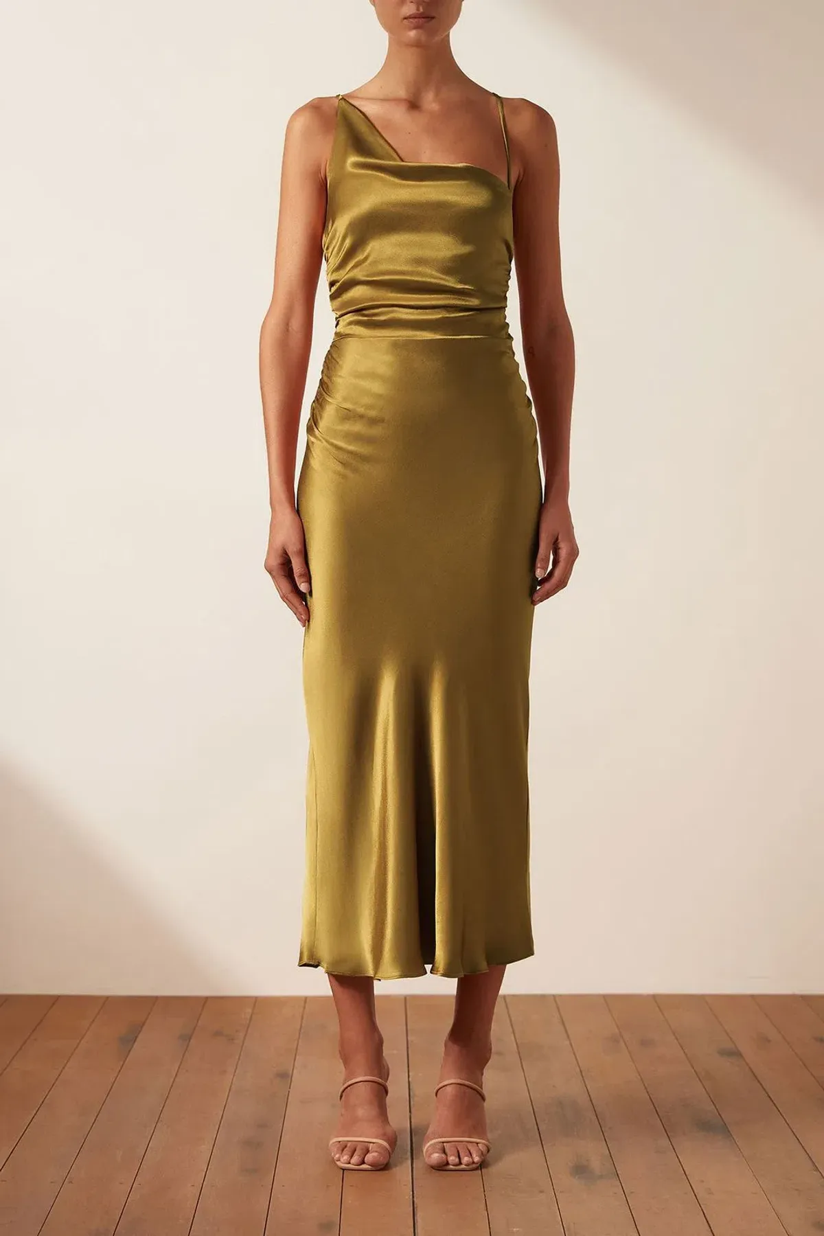 Shona Joy Giorgia Asymmetrical Midi Dress  Olive Oil Size 8 - Image 2