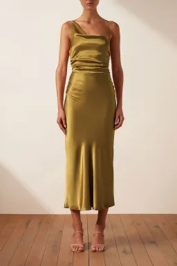 Shona Joy Giorgia Asymmetrical Midi Dress  Olive Oil Size 8 for rent on The Volte - image 2