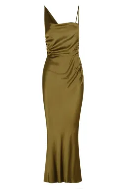 Shona Joy Giorgia Asymmetrical Midi Dress  Olive Oil Size 8 for rent on The Volte - image 4