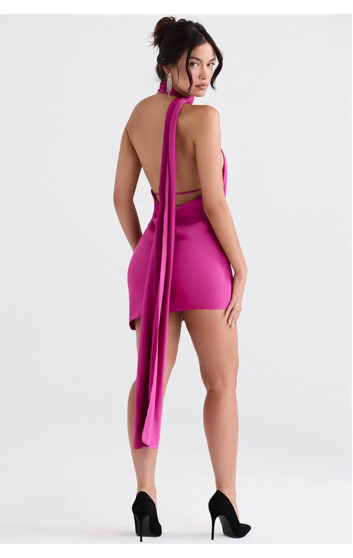 House of CB Aida Asymmetric Satin Wrap Neck Mini Dress Hot Pink Size S/Au 8 - Image 4