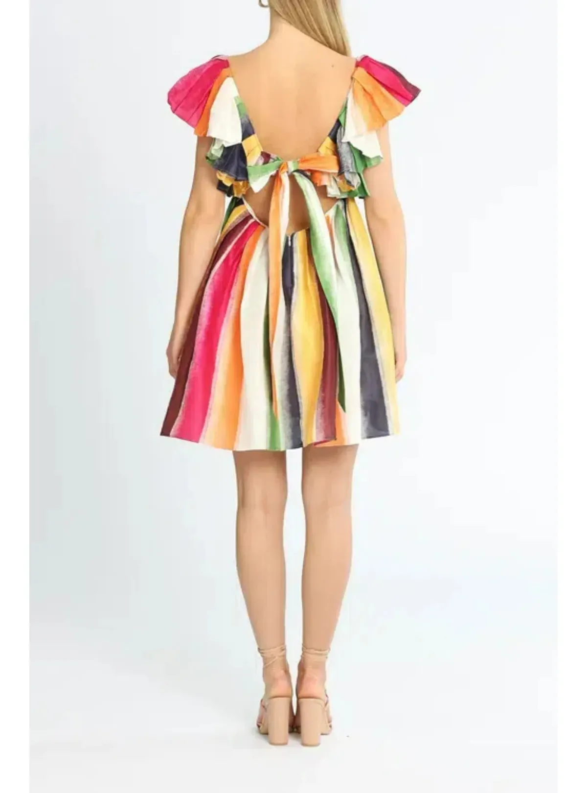 Leo Lin Fortune Stripe Tie Back Dress Multi Print Size AU 12 - Image 3