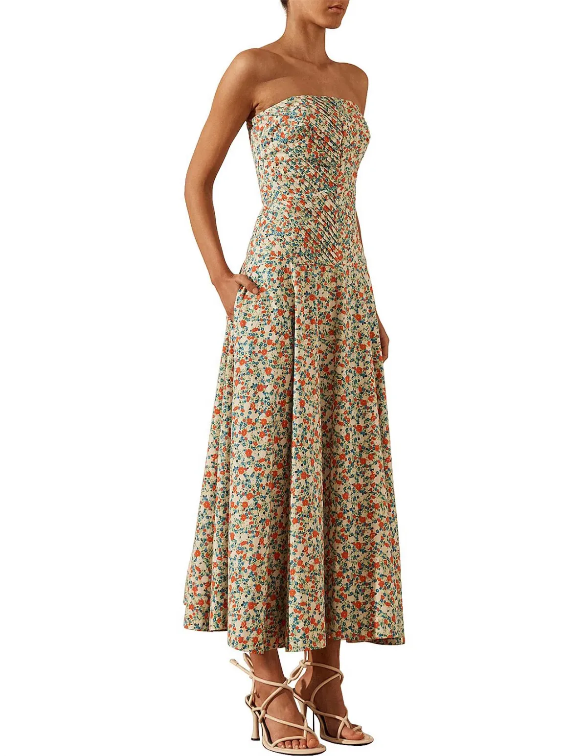 Shona Joy Ulani Strapless Pleated Midi Dress Floral Size 8 - Image 2