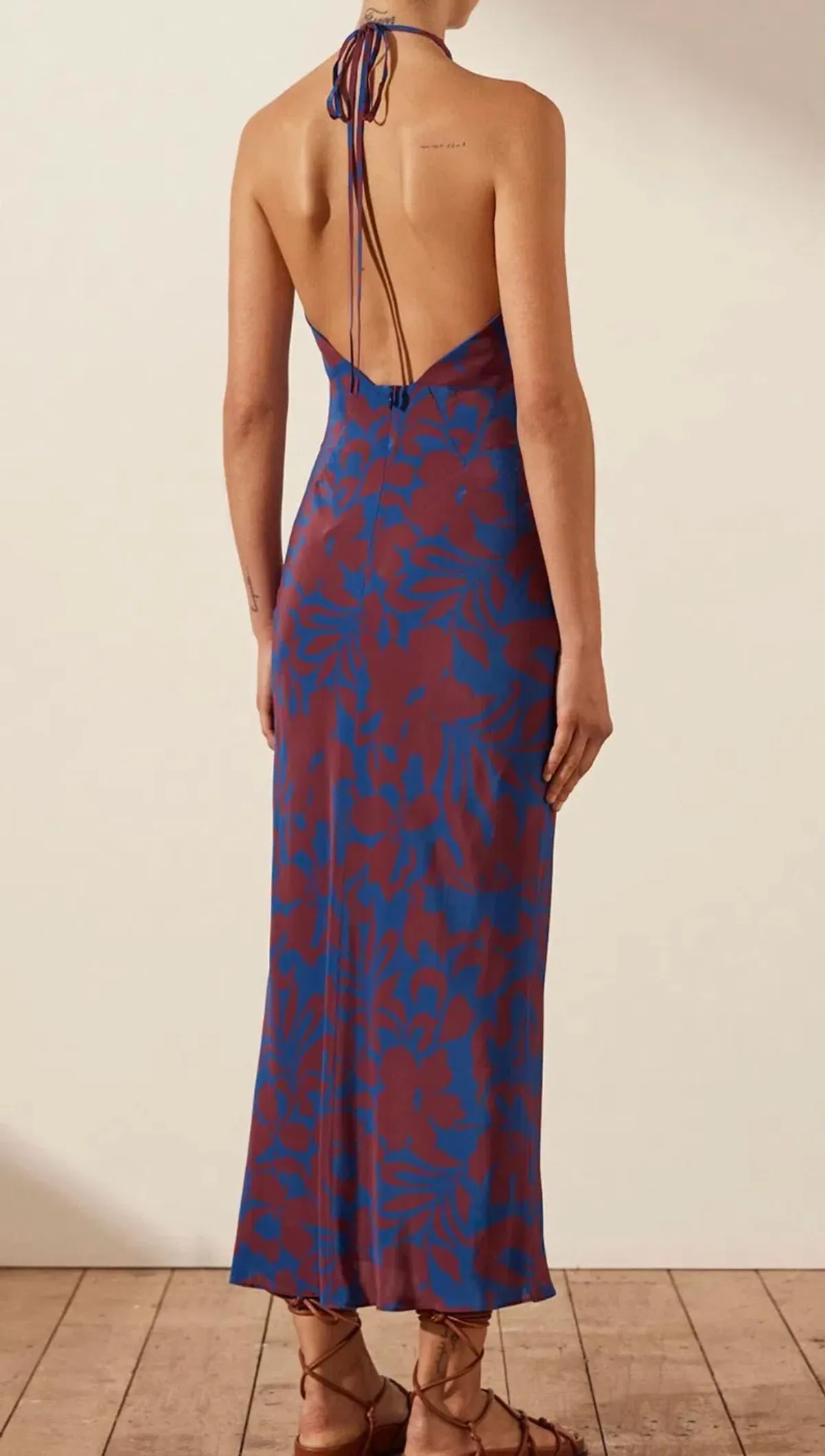 Shona Joy Vida Silk Cross Front Halter Bias Midi Dress Strong Blue Deep Wine Size AU 6  - Image 3