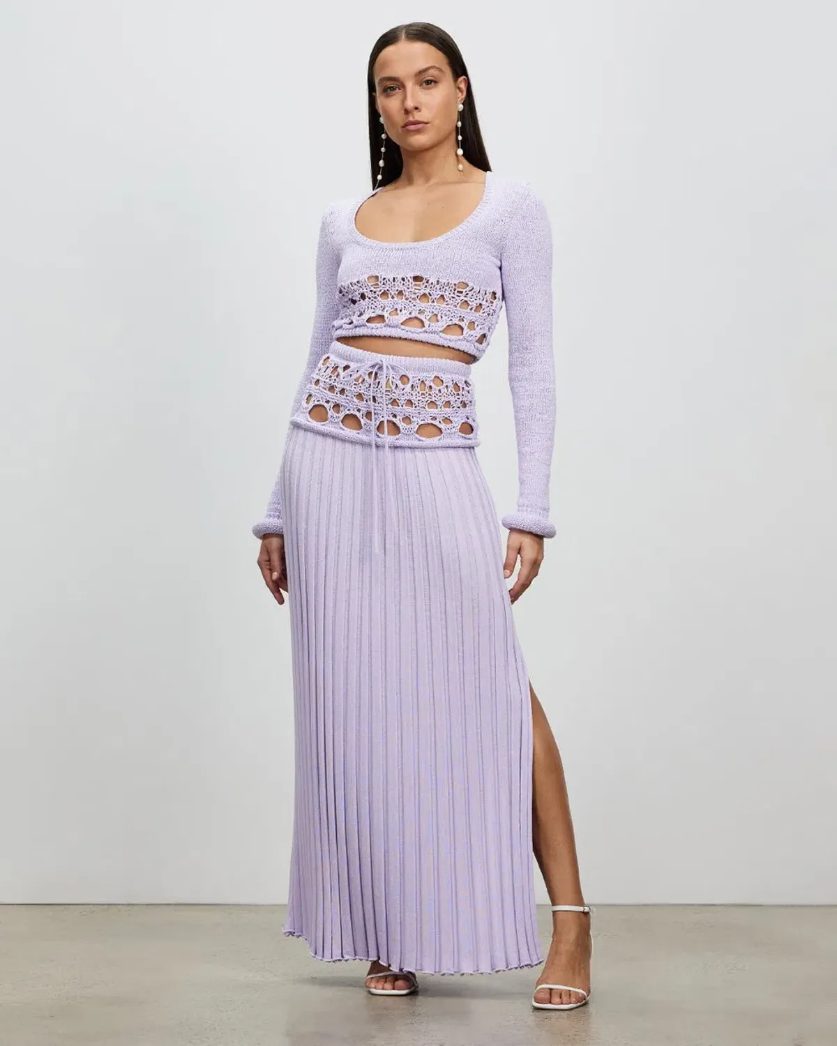 Christopher Esber Crochet Scoop Neck Long Sleeve Crop And Skirt Lilac Size 6 - Image 3