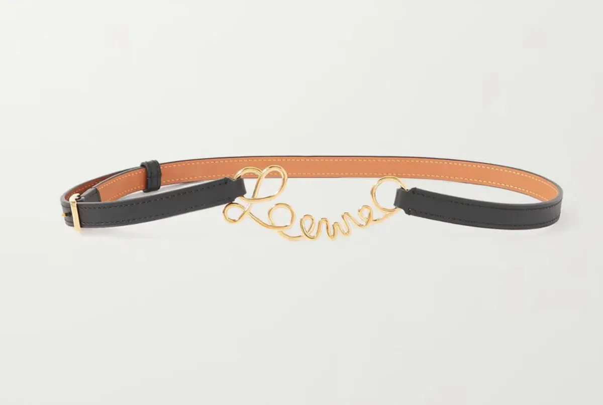 Loewe Word Leather Logo Belt Black and Gold Size 6 - Image 3