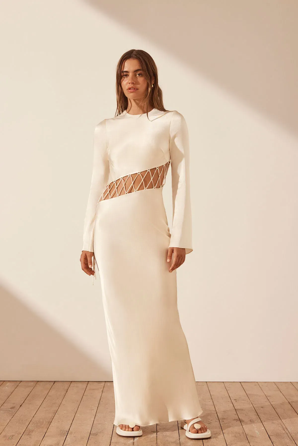 Shona Joy Arienzo Asymmetrical Lace Up Maxi Dress Cream Size 10 - Image 1