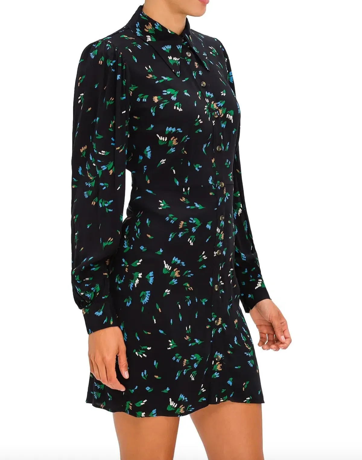 Ganni Printed Crepe Floral Shirt Mini Dress Black/Verdant Green Print Size 12 - Image 4