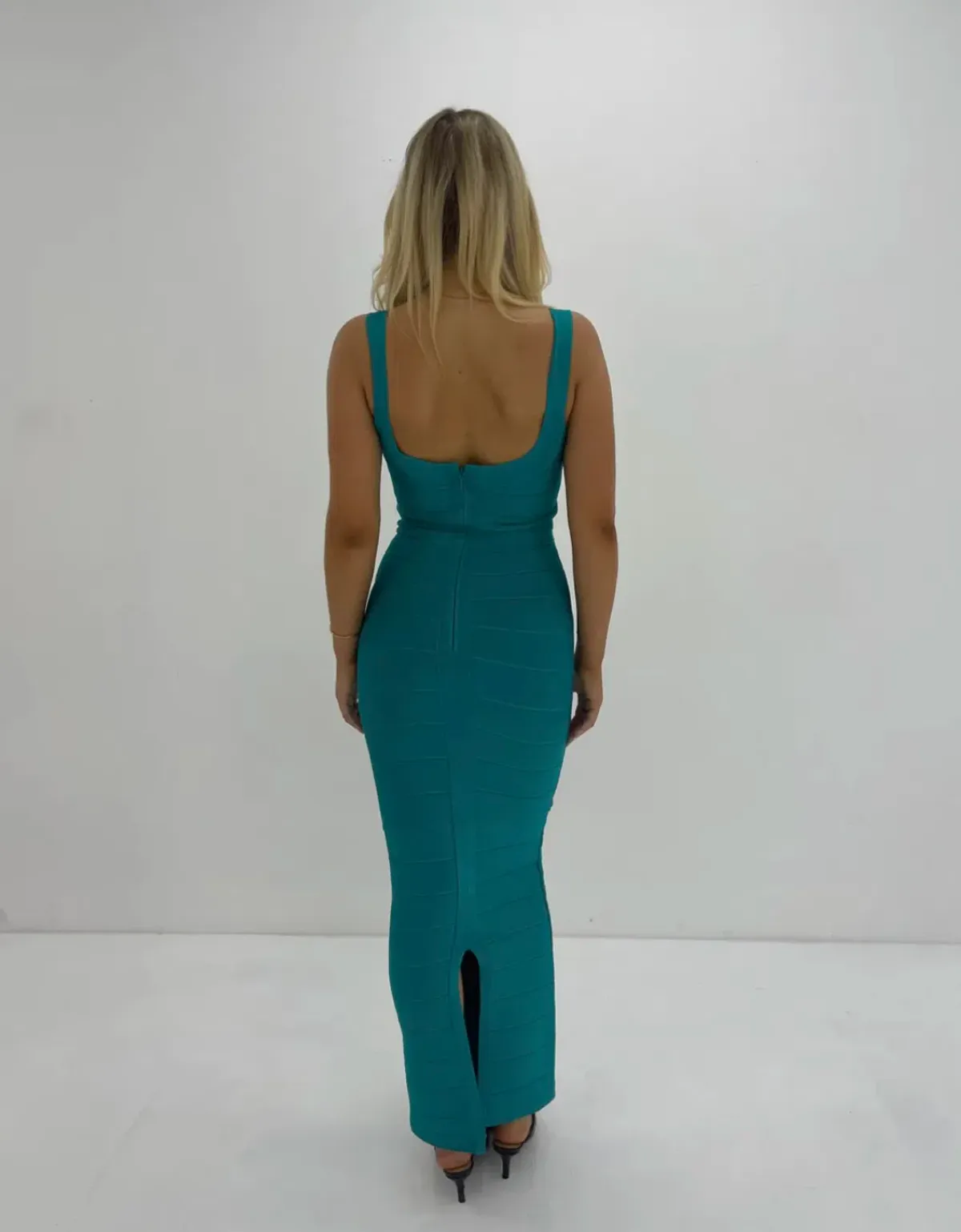 Herve Leger Round Neck Gown Turquoise Size 8  - Image 3