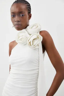 Karen Millen Drapey Ruched Jersey Rosette Midi Dress White Size S /Au 8 for rent on The Volte - image 2