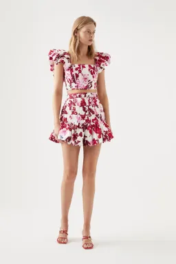 Aje Margot Bubble Frill Top and La Vie Bubble Mini Skirt Set Roses Of Provence Print  Size 6 for rent on The Volte - image 1
