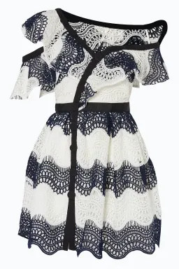 Self Portrait One Shoulder Striped Guipure Lace Mini Dress Navy/White Size 12 for rent on The Volte - image 8