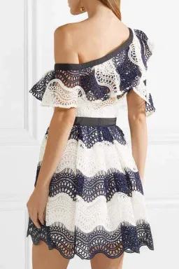 Self Portrait One Shoulder Striped Guipure Lace Mini Dress Navy/White Size 12 for rent on The Volte - image 6