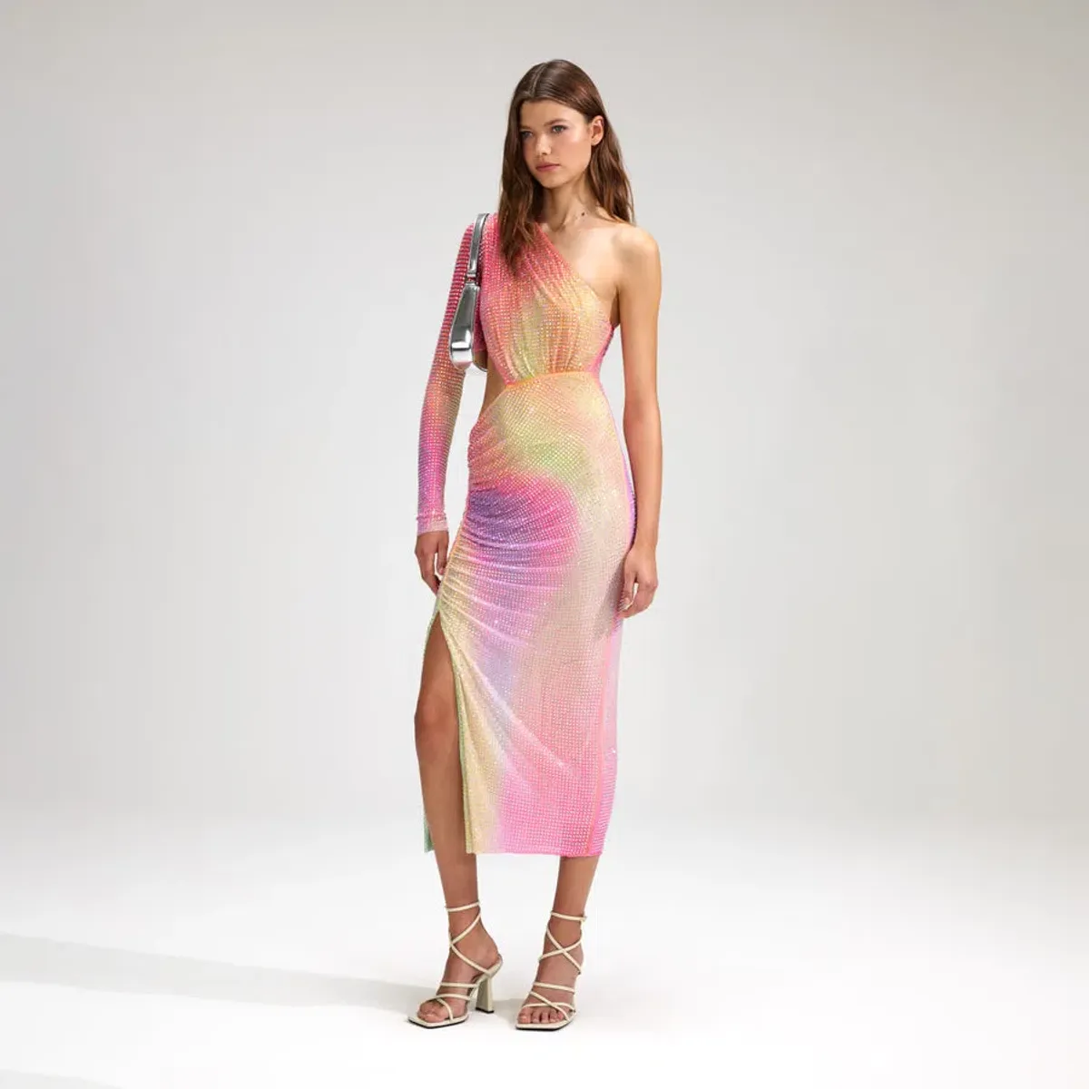 Self Portrait Printed Mesh Rhinestone Cutout Midi Dress Multi Size 8 - Image 2