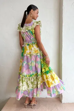 Alemais Patchwork Midi Tiered Dress Multi Size 4  for rent on The Volte - image 3