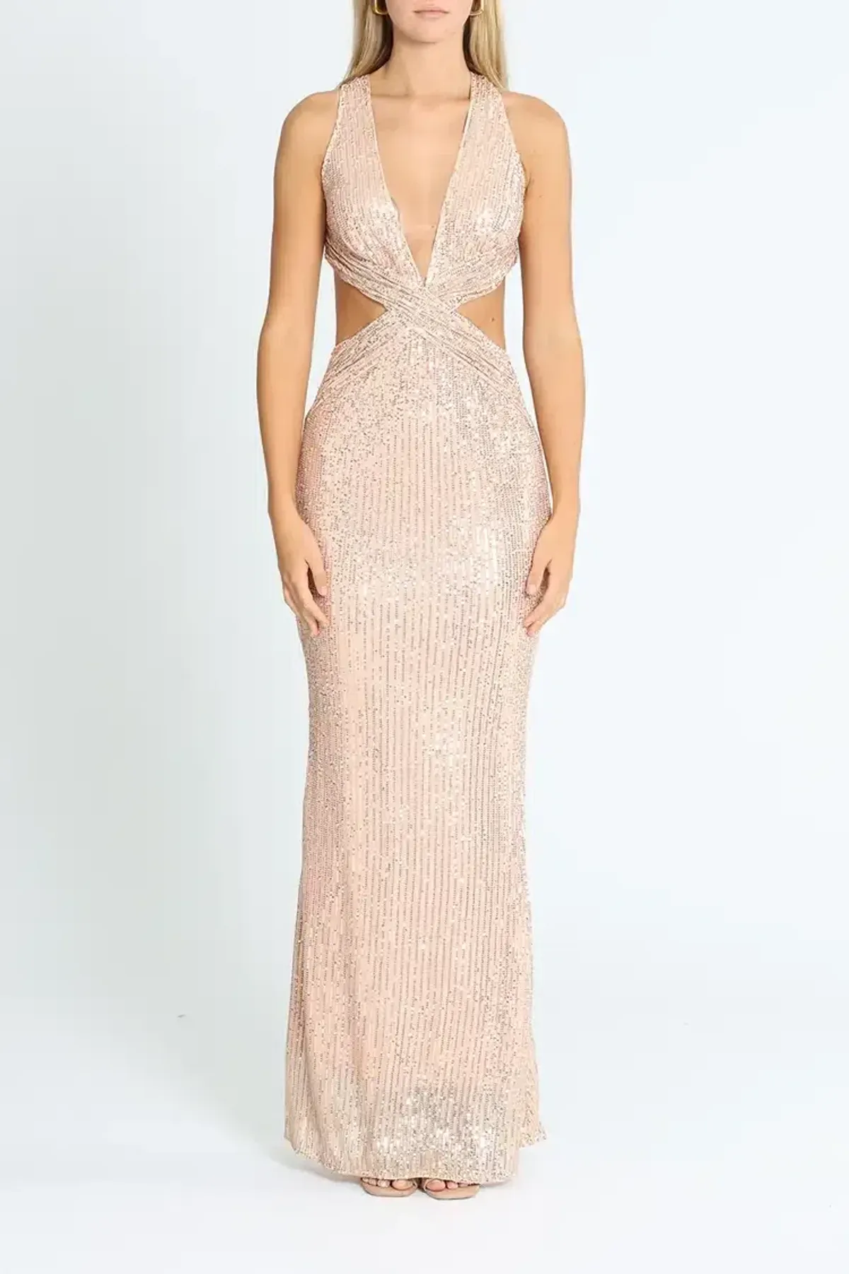 Elle Zeitoune Cut Out Detailed Sequin Gown Rose Gold Size 12 - Image 1