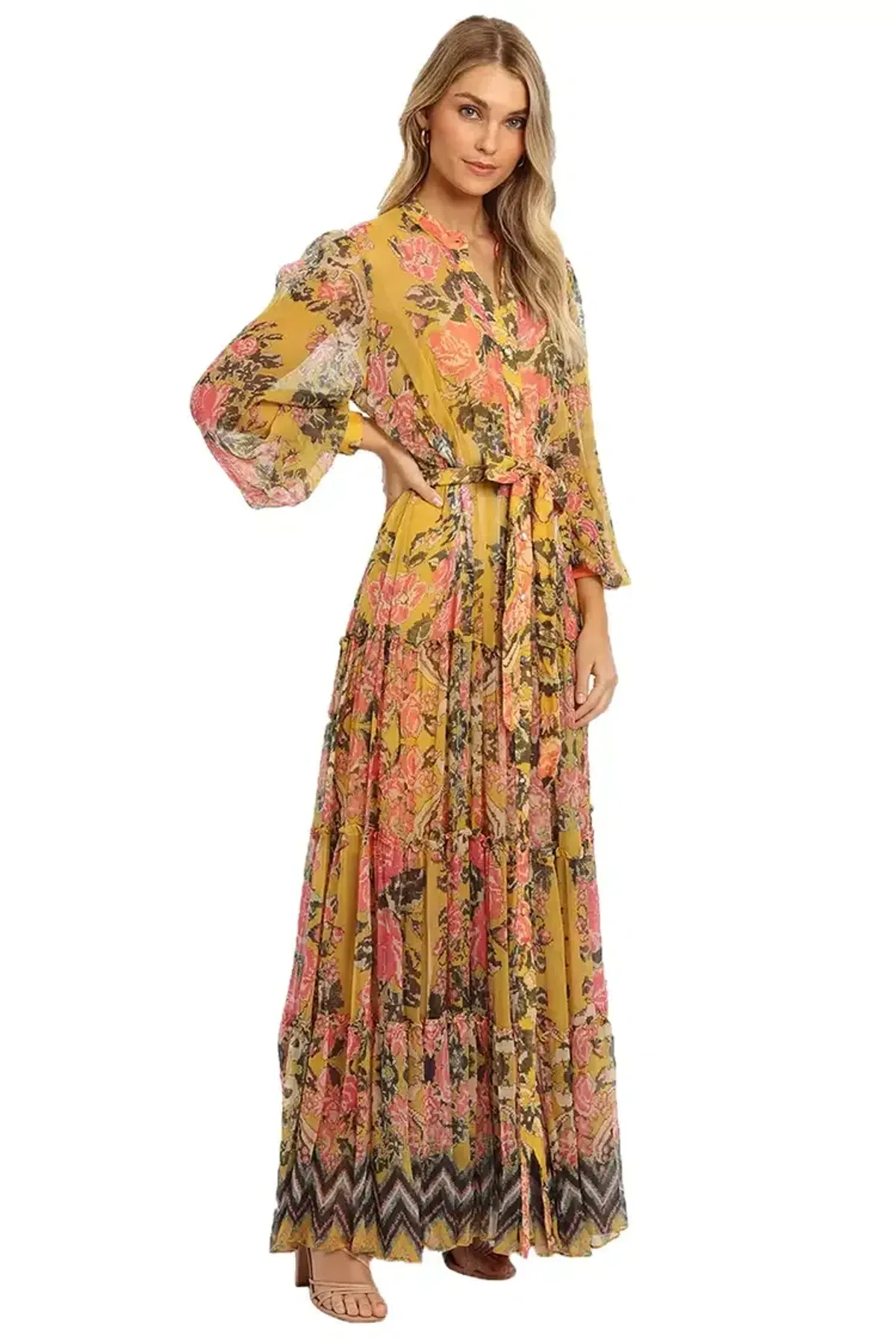 Hemant & Nandita Nova Tiered Maxi Multi Mustard Print Yellow Size 10 - Image 2