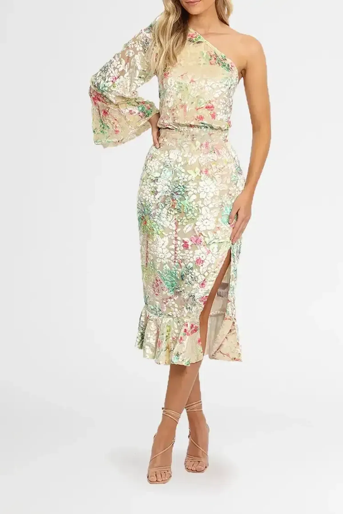 Hemant & Nandita Zaina Midi Dress Cream Multi Floral Size 12 - Image 1
