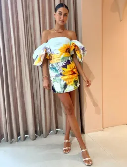 Leo Lin Brenda Puffy Sleeve Mini Dress Sunflower Print Size 6 for rent on The Volte - image 1