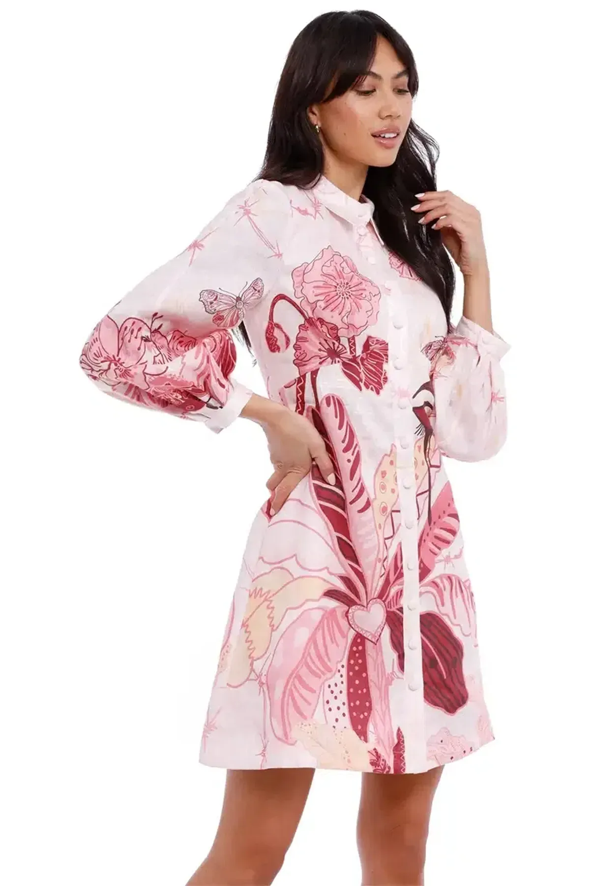 Leo Lin Amor Linen Mini Dress Pink Print Size 10 - Image 5