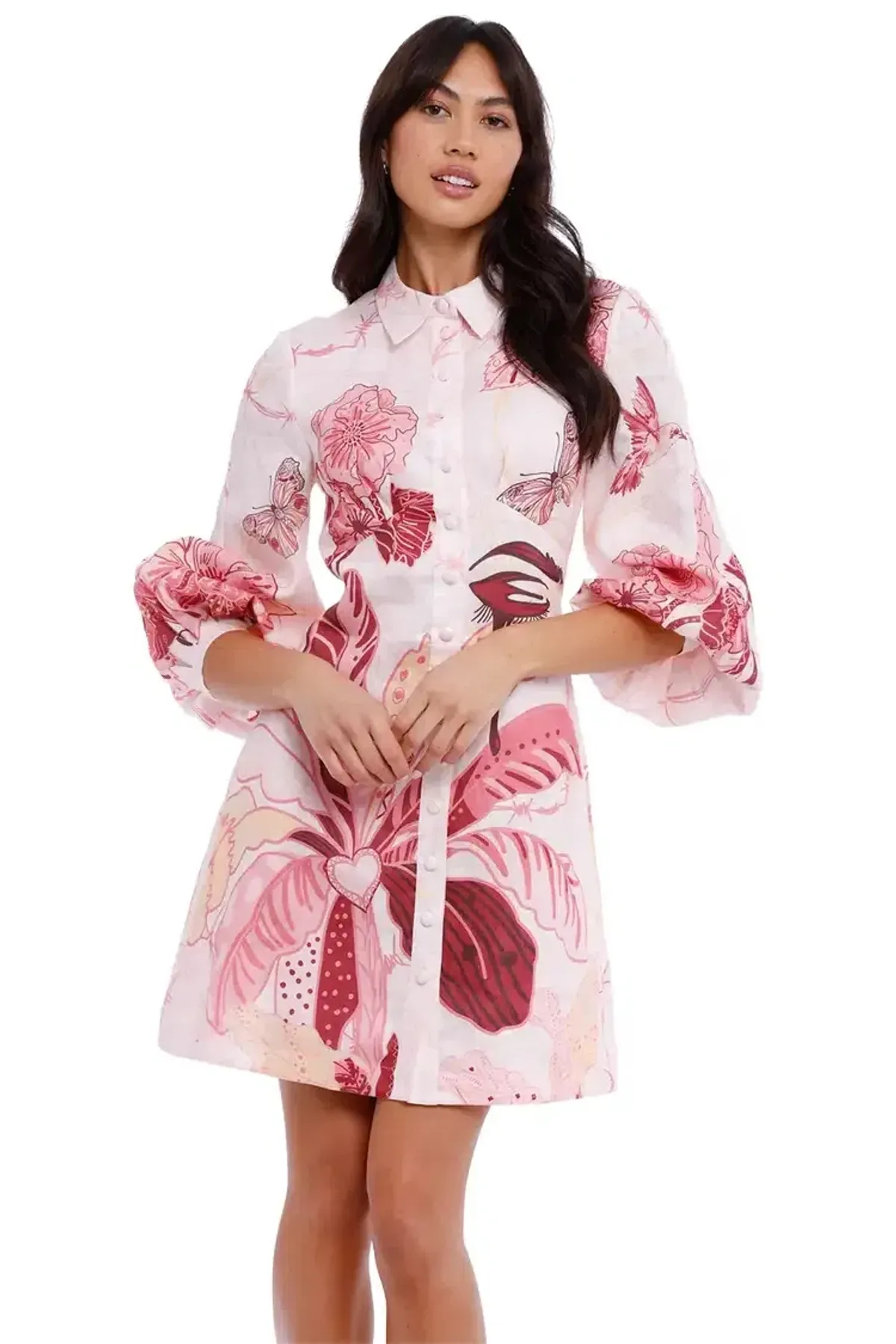 Leo Lin Amor Linen Mini Dress Pink Print Size 10 - Image 4