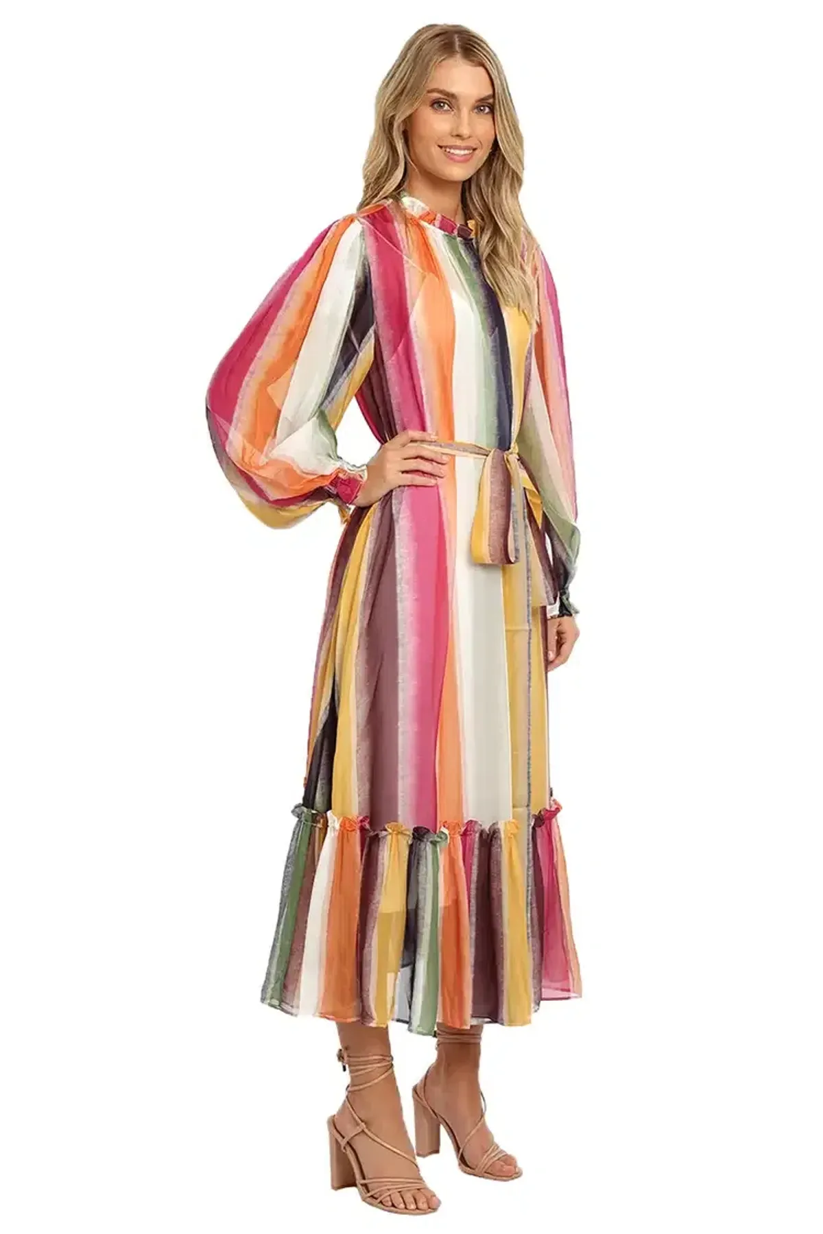 Leo Lin Fortune Stripe Dress Multi Print Size AU 10 - Image 1