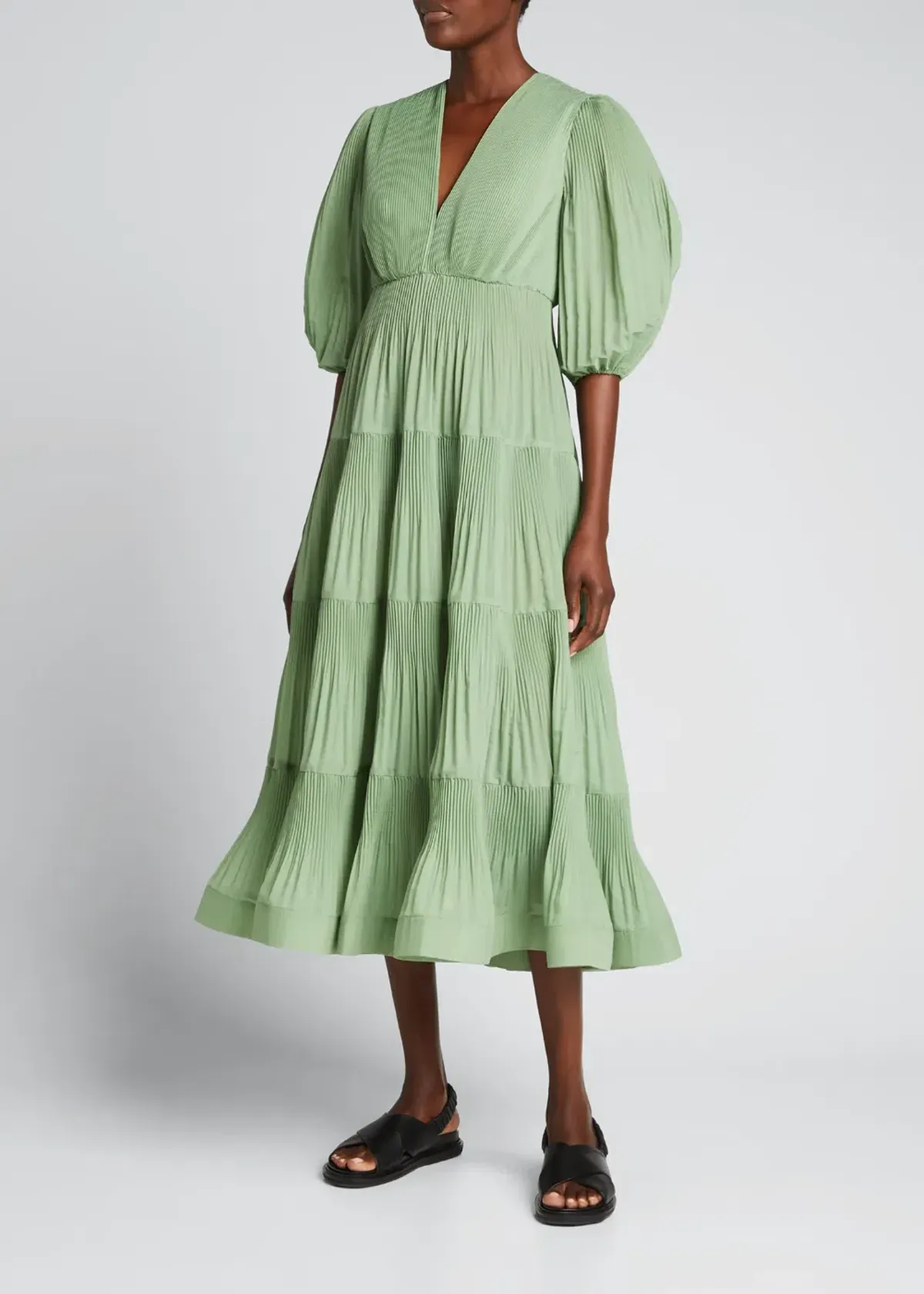 Zimmermann Pleated Balloon Sleeve Tiered Dress In Fern Size 2/Au 12 - Image 1