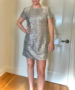 Cue Sequin Shift Mini Dress Silver Size 10 for rent on The Volte - image 2