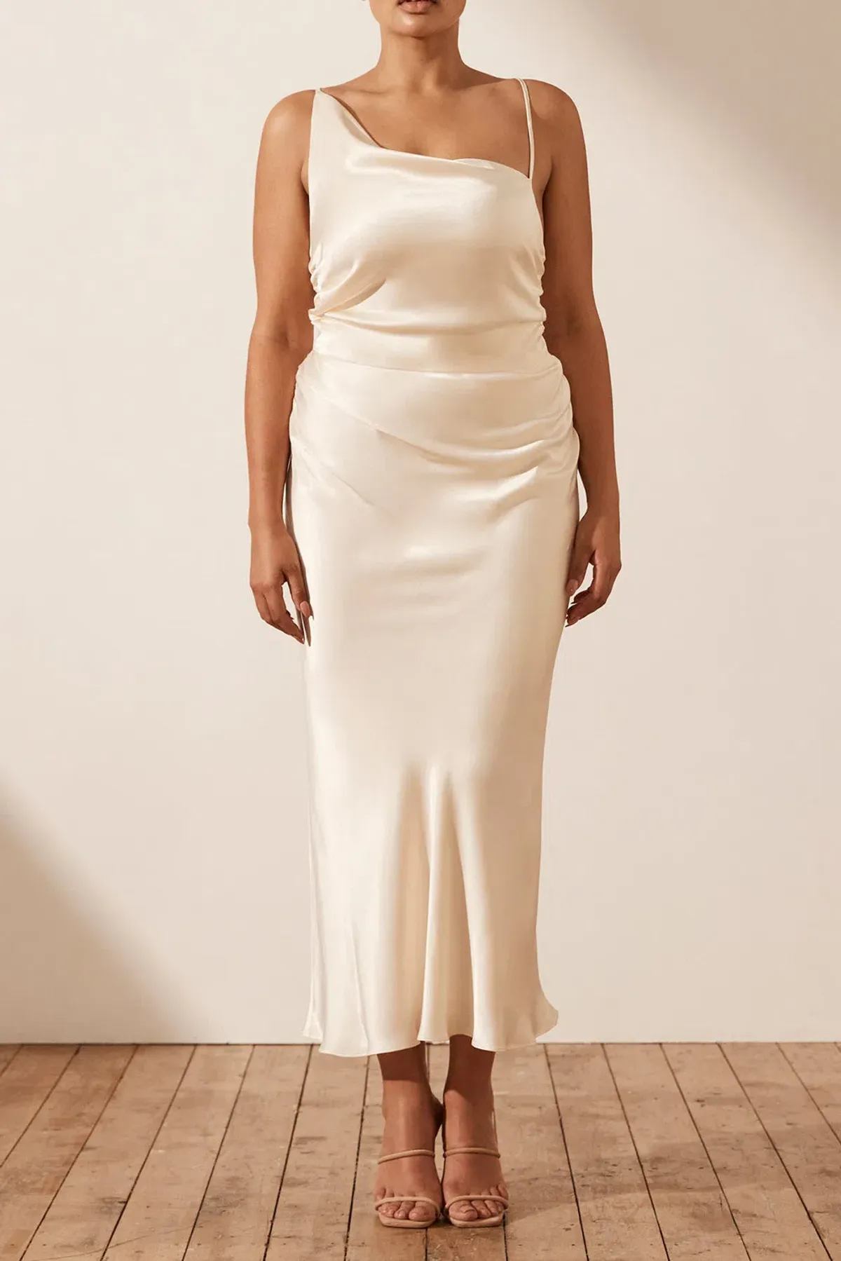 Shona Joy La Lune Asymmetrical Bias Cowl Midi Dress in Cream Size 10 - Image 4
