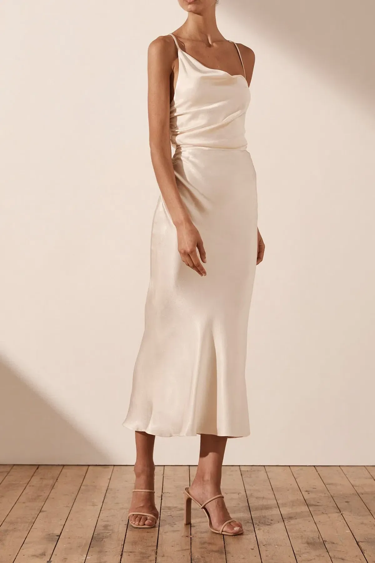 Shona Joy La Lune Asymmetrical Bias Cowl Midi Dress in Cream Size 10 - Image 2