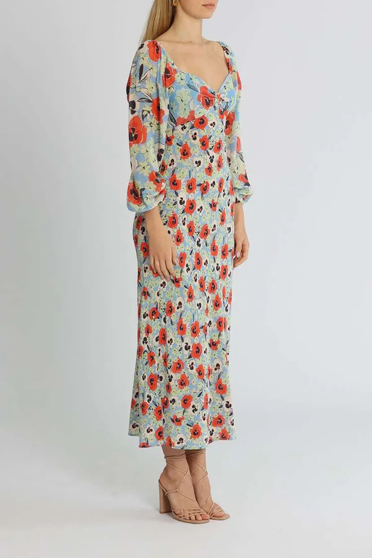Rixo London Gio Neckline Midi Dress Blue Multi Print Size 14 - Image 2