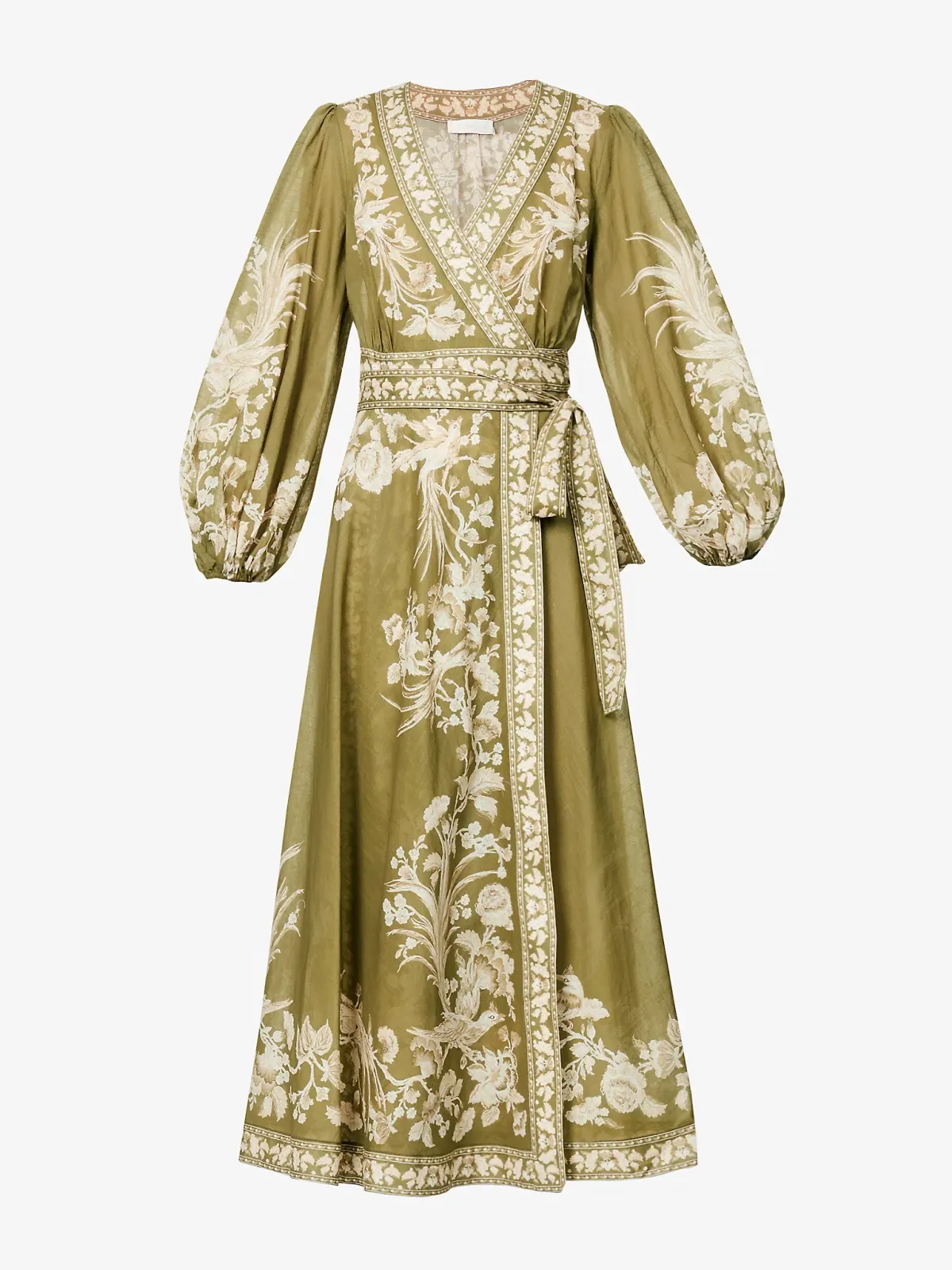 Zimmermann Anneke Floral Print Cotton Voile Wrap Midi Dress in Army Green Size 0/AU 8 - Image 4