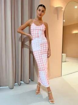 Ambra Maddalena Ella Cross Back Maxi Dress In Checkered Patchwork Size 8 for rent on The Volte - image 1