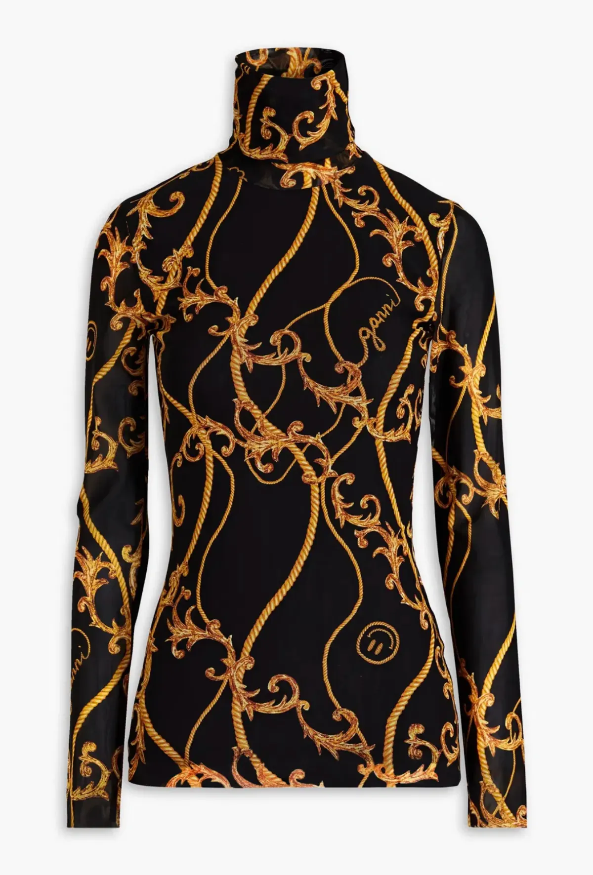 Ganni Printed Mesh Turtleneck Top Size 8 - Image 3