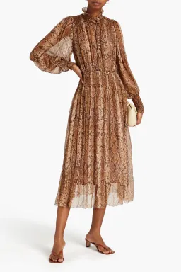 Zimmerman Belted Metallic Snake-Print Silk-Blend Chiffon Midi Dress Animal Print Size 2/AU 12 for rent on The Volte - image 1