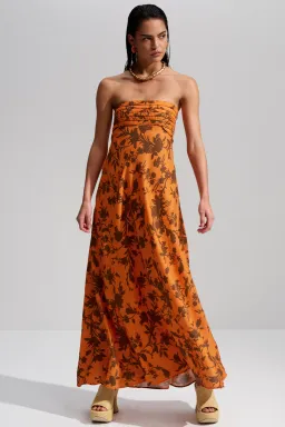 Shona Joy Uli Linen Corded Strapless Maxi Dress Orange Size 12 for rent on The Volte - image 1
