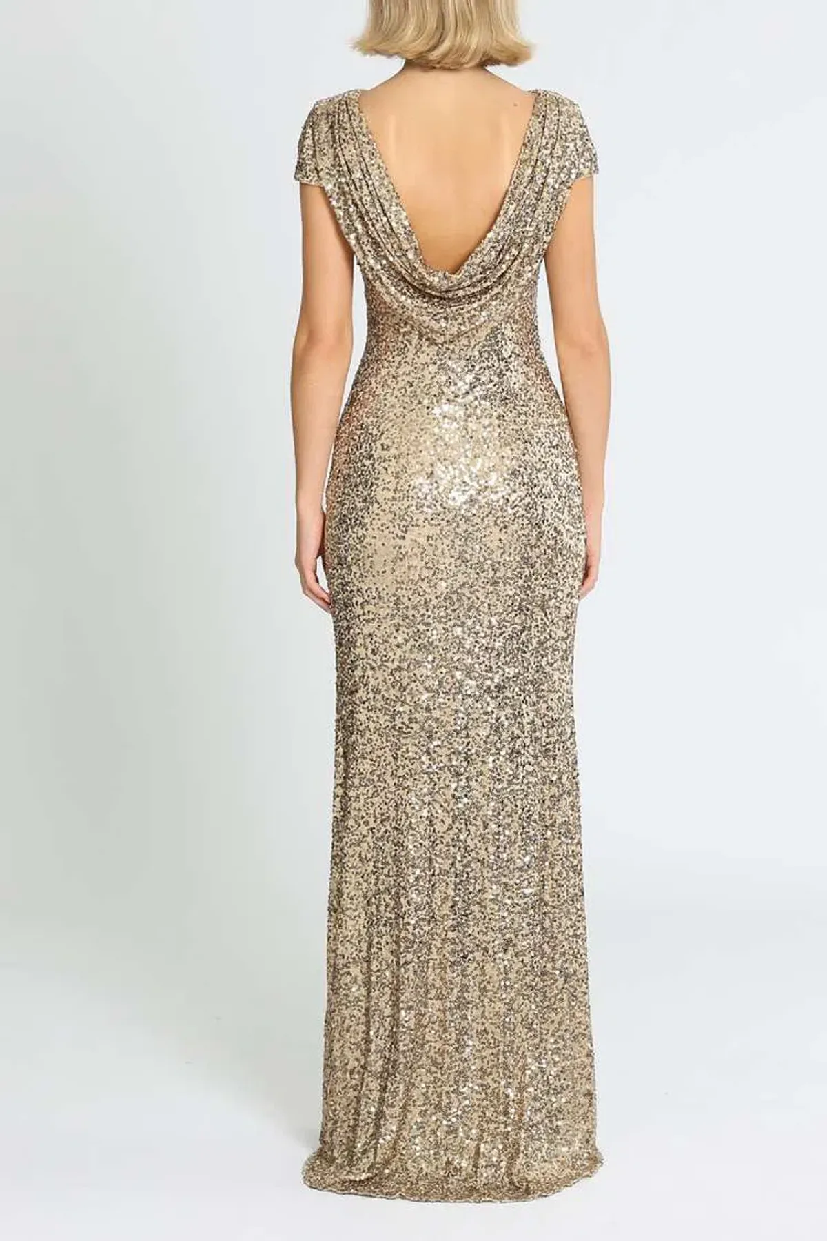 Badgley Mischka Sequin Cowl Back Gown Gold Size 6 - Image 3